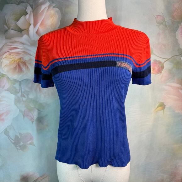 Vintage 90s Y2K Plugg Red & Blue Striped Ribbed Mock Neck Shirt - Picture 1 of 5